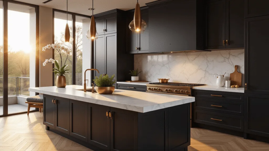 Black Kitchen Cabinets: Unleashing Dramatic Style in Your Culinary Space Photorealistic interior of a luxurious modern black kitchen with brass accents, Carrara marble countertops, and herringbone oak floors, illuminated by warm golden hour sunlight.