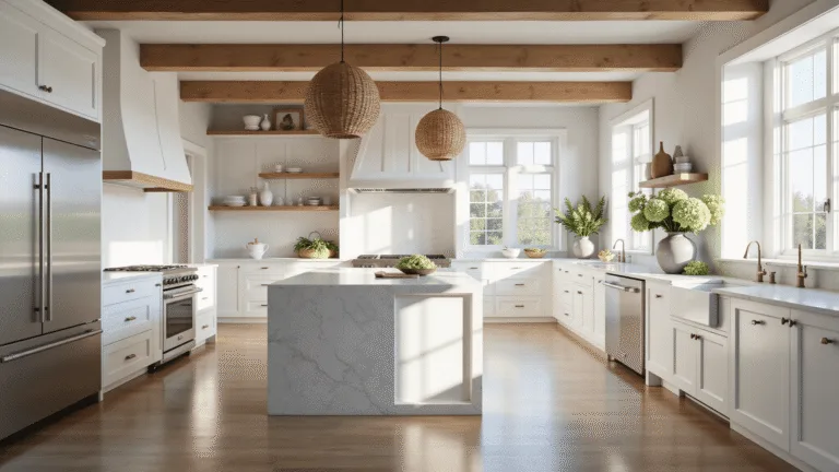 White Kitchen Cabinets: The Ultimate Style Guide for Timeless Elegance Photorealistic interior of a sunlit modern farmhouse kitchen featuring white Shaker cabinets, a Carrara marble island, wide-plank oak flooring, and natural wooden beams, with floating shelves, stainless steel appliances, and fresh hydrangeas, captured in soft light and cinematic composition.