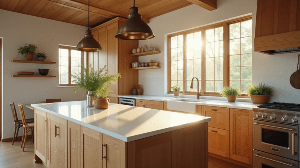 Oak Kitchen Cabinets: Your Ultimate Style and Design Guide Cinematic wide-angle shot of a sunlit modern farmhouse kitchen with honey-toned red oak cabinets, white quartz island, vintage brass pendant lights, and artisanal pottery, showcasing warm golden hour lighting and rich wood grain textures.