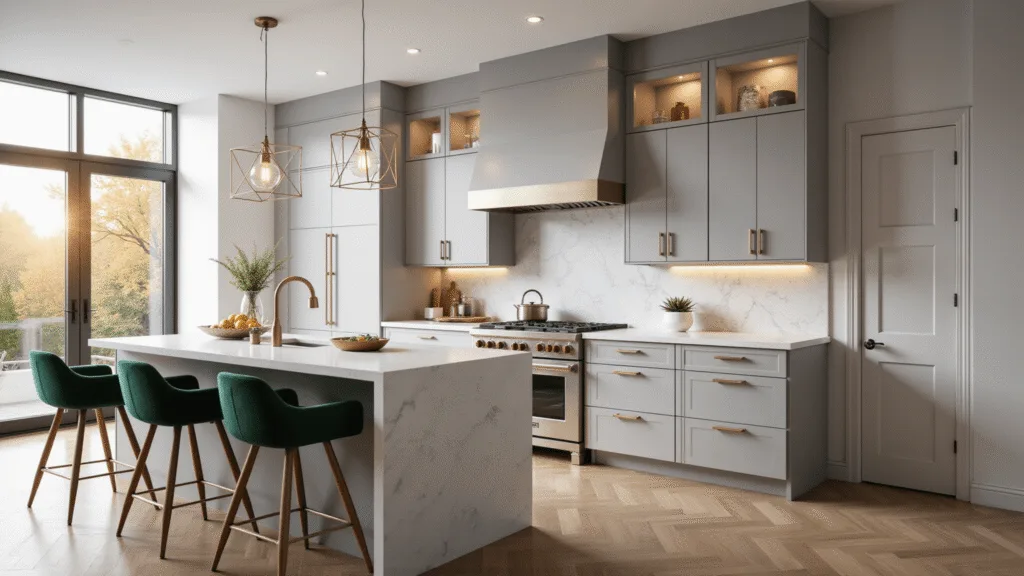 Gray Kitchen Cabinets: A Timeless Design Statement for Modern Homes Photorealistic image of a spacious dove gray Shaker-style kitchen with white quartz countertops, brass accents, and emerald green velvet bar stools, bathed in morning light from floor-to-ceiling windows.