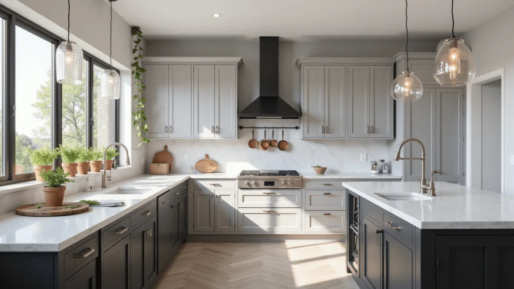 Grey Kitchen Cabinets: The Ultimate Design Guide for Modern Homes Photorealistic interior of a spacious contemporary kitchen with dove grey Shaker cabinets, charcoal grey island, white Carrara marble countertops, and white oak herringbone flooring, illuminated by natural light through floor-to-ceiling windows.