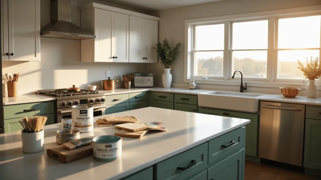 Painted Kitchen Cabinets: Your Ultimate DIY Transformation Guide A cinematic shot of a modern kitchen with sage green lower cabinets and white upper cabinets, featuring professional painting supplies in the foreground and warm golden hour light streaming through large windows.