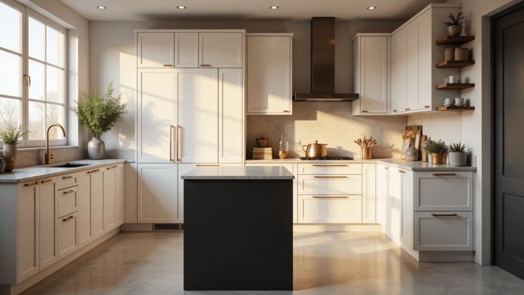 Kitchen Cabinets: Your Ultimate Styling and Photography Guide A photorealistic interior of a modern luxury kitchen with white shaker cabinets, a matte black island, and warm golden hour lighting highlighting marble countertops and decorative elements.