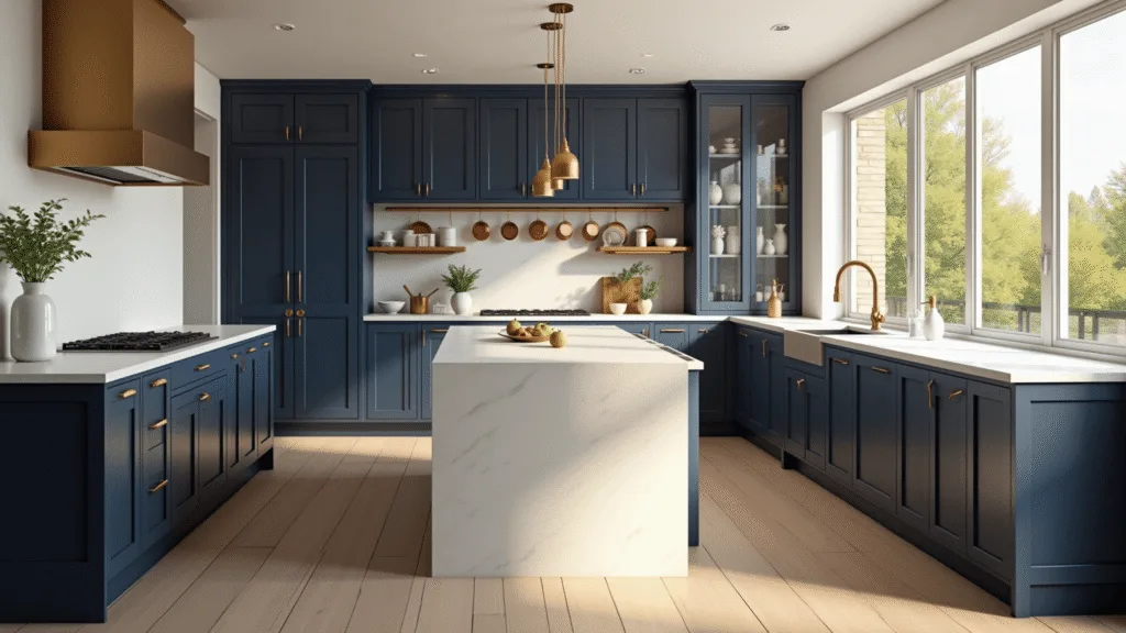 Navy Blue Kitchen Cabinets: Transform Your Space with Timeless Elegance Photorealistic image of a sunlit modern navy kitchen with brass hardware, a white quartz waterfall island, and wide-plank white oak flooring, featuring copper cookware and ceramic vases with herbs, captured in ultra-high resolution with dramatic lighting.