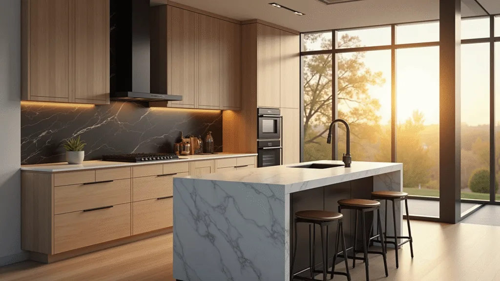 White Oak Kitchen Cabinets: Elevate Your Kitchen's Style and Functionality A photorealistic modern kitchen featuring rift-cut white oak cabinets, a marble waterfall island with dramatic veining, and warm golden hour lighting streaming through large windows, emphasizing clean lines and minimal styling.