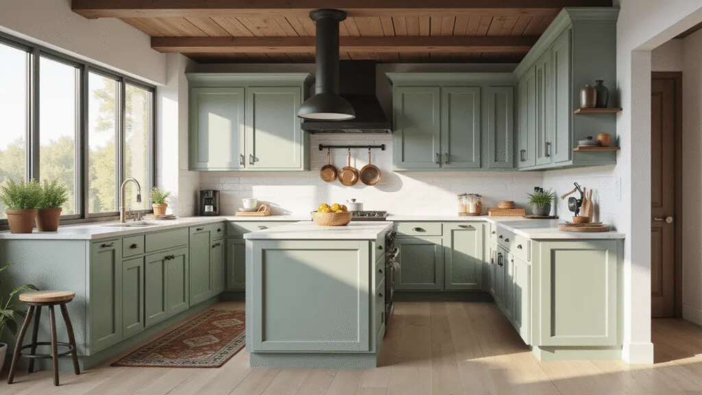 Green Kitchen Cabinets: A Refreshing Design Trend That Transforms Your Space A spacious modern kitchen featuring sage green Shaker-style cabinets, white quartz countertops, and a marble subway tile backsplash, illuminated by morning sunlight through large windows, with wide-plank white oak flooring and a vintage Persian runner. Copper cookware hangs from a ceiling rack, fresh herbs adorn the windowsill, and citrus fruits are displayed on the island, captured in a hyperrealistic style.