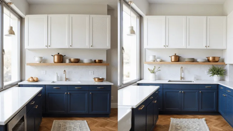 Ultimate DIY Kitchen Cabinet Makeover Guide: Transform Your Space in a Weekend Photorealistic image of a bright and airy kitchen featuring two-tone cabinetry with white upper cabinets and navy blue lower cabinets, complemented by quartz countertops and brushed brass hardware; natural sunlight illuminates the space, highlighting vintage copper cookware on floating oak shelves and herringbone hardwood floors, creating a dramatic before-after transformation in a high-end interior design style.