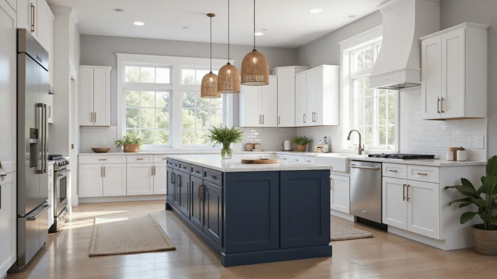White Kitchen Cabinets: The Ultimate Guide to Timeless Elegance A modern kitchen featuring white shaker cabinets and a contrasting navy blue island, illuminated by morning sunlight with Carrara marble countertops, stainless steel appliances, and natural woven pendant lights, showcasing a stylish blend of copper cookware accents and fresh herbs.