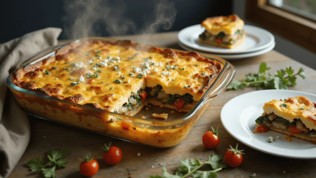 Veggie Breakfast Casserole: The Ultimate Crowd-Pleasing Morning Masterpiece Photorealistic overhead shot of a golden-brown vegetable egg casserole in a glass baking dish, illuminated by natural morning sunlight, showcasing layers of fluffy eggs, vibrant sautéed vegetables, and bubbling melted cheese, with fresh herbs and scattered ingredients on a rustic wooden surface.