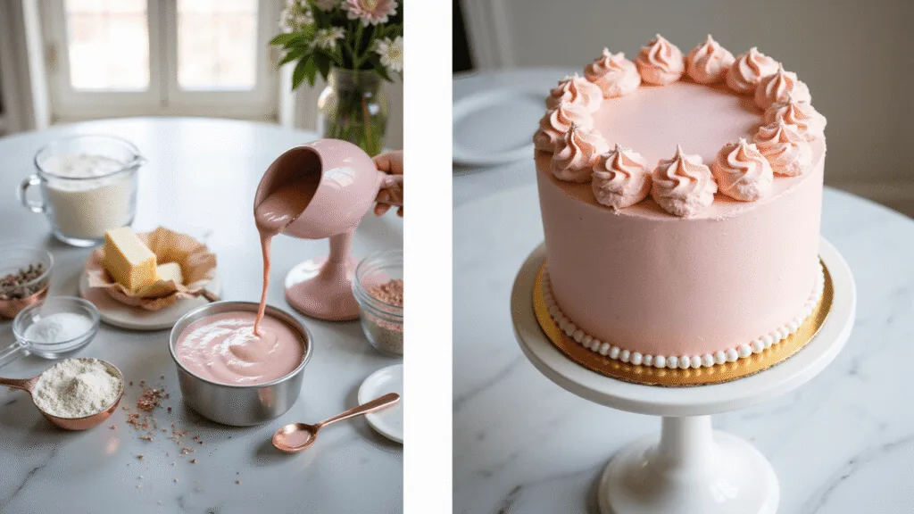 Pink Bento Cake: A Delightful Miniature Celebration Dessert A split-composition image showing the preparation and presentation of a pink bento cake, with the left side featuring pink cake batter being poured into a pan surrounded by ingredients, and the right side showcasing the finished cake on a white ceramic stand, decorated with blush-pink buttercream, rosettes, and edible glitter, all captured in soft natural light.