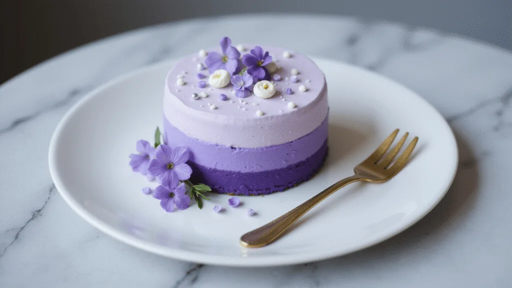 Purple Bento Cake - The Cutest Mini Dessert You'll Ever Make A mini purple ombre bento cake on a matte white plate, adorned with delicate white piped flowers, silver dragees, and fresh lilac and pansies, captured in soft, diffused lighting with a blurred marble background.