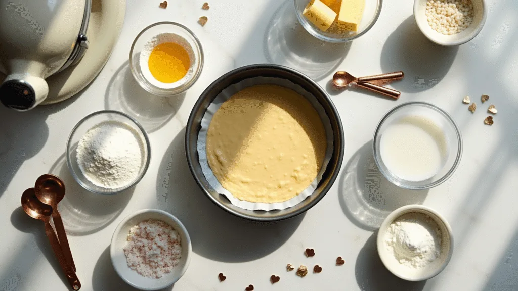 Bento Cake Design for Your Boyfriend: The Ultimate Mini Love Celebration Cinematic overhead shot of baking ingredients on a white marble countertop, featuring a 4-inch round cake pan lined with parchment, glass bowls of flour, butter, sugar, egg, and milk, copper measuring spoons, an electric mixer, and decorative gold sprinkles and fondant, all illuminated by soft natural light.