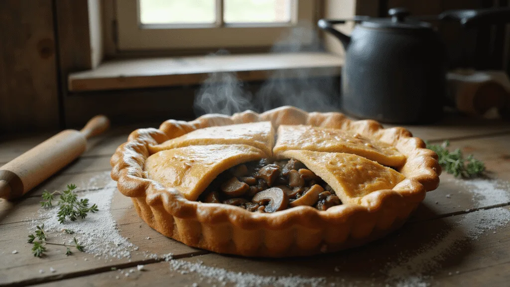 Steak and Mushroom Pie: A Classic Comfort Food Masterpiece A rustic farmhouse kitchen featuring a freshly baked steak and mushroom pie with a golden-brown puff pastry top, steam rising from the cuts, set on a weathered wooden table with fresh thyme sprigs and a vintage cast iron pot in the background.
