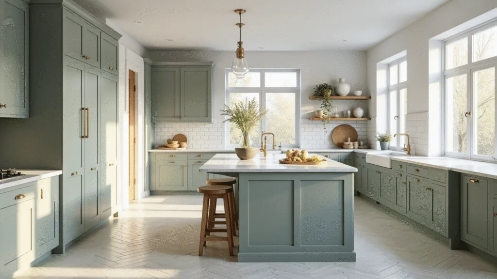 Green Kitchen Cabinets: A Stylish Home Transformation Guide Photorealistic image of a bright, airy kitchen featuring sage green shaker-style cabinets with brass hardware, white Carrara marble countertops, and white oak herringbone flooring, illuminated by morning light from floor-to-ceiling east-facing windows, with artisanal ceramic vessels and fresh herbs in terracotta pots on open shelving.