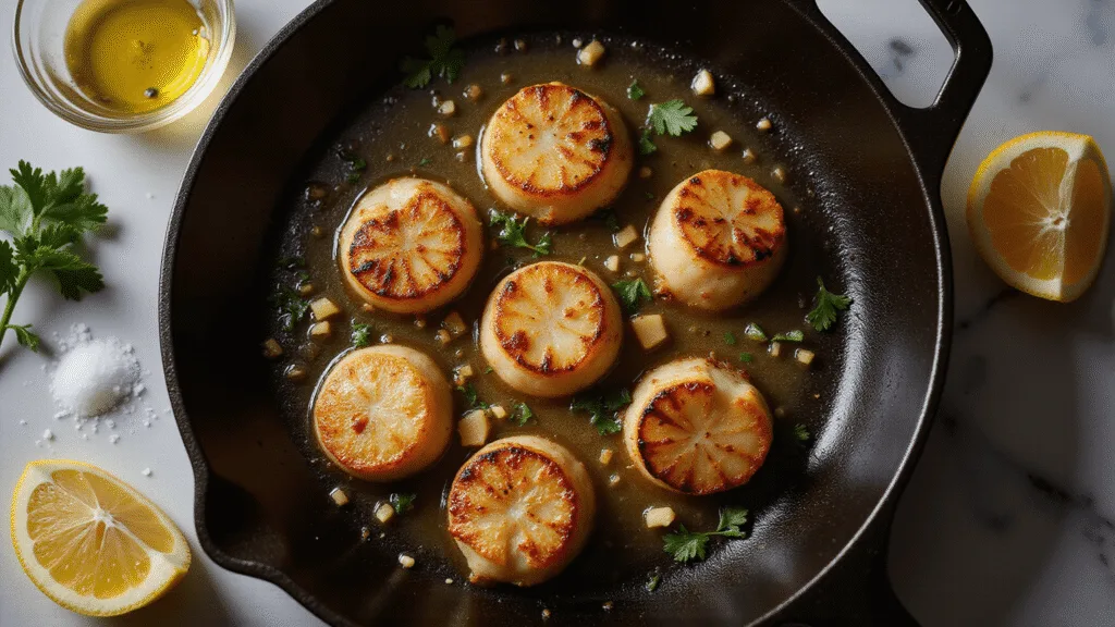 Lemon Butter Scallops: Restaurant-Quality Seafood in Minutes Cinematic overhead shot of seared scallops in a cast-iron skillet, glistening with lemon-butter sauce, garnished with parsley and garlic, showcasing rich textures and warm lighting.