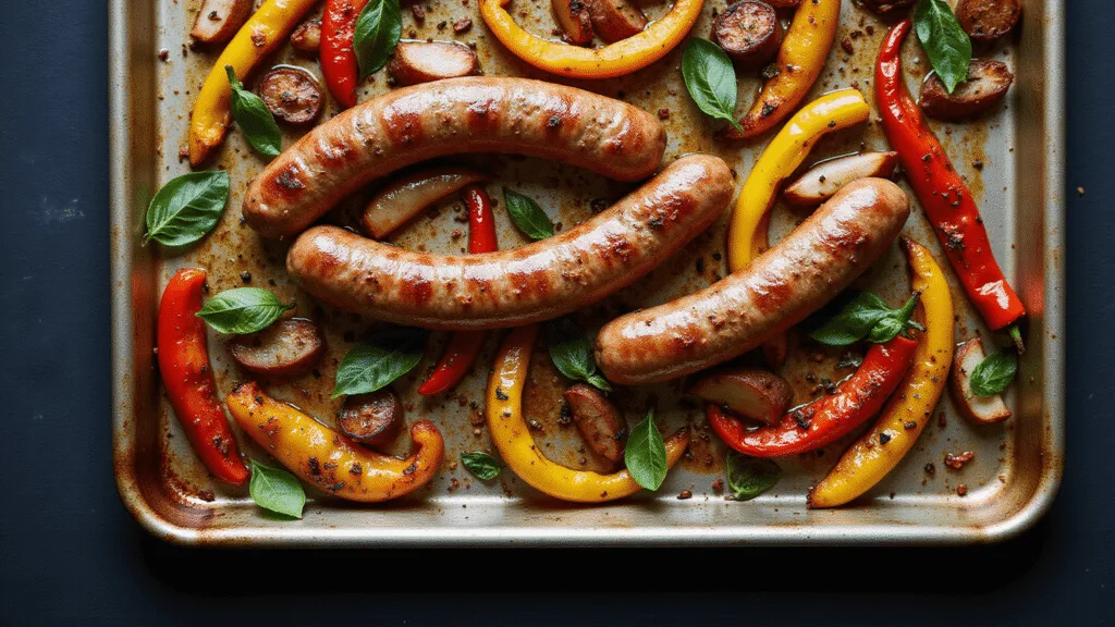 Baked Sausage and Peppers: The Ultimate One-Pan Dinner Sensation Rustic sheet pan dinner featuring golden-brown Italian sausages surrounded by vibrant caramelized bell peppers and translucent onion rings, with fresh basil leaves and oregano, captured in natural lighting on a textured metal baking sheet.