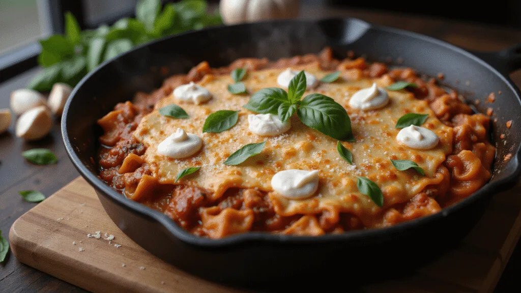 SKILLET LASAGNA: THE ULTIMATE ONE-PAN COMFORT MEAL A rustic cast-iron skillet filled with bubbling lasagna, featuring melted mozzarella, layers of pasta and meat sauce, creamy ricotta, fresh basil, and grated Parmesan, all in a warm, moody atmosphere with natural window light.