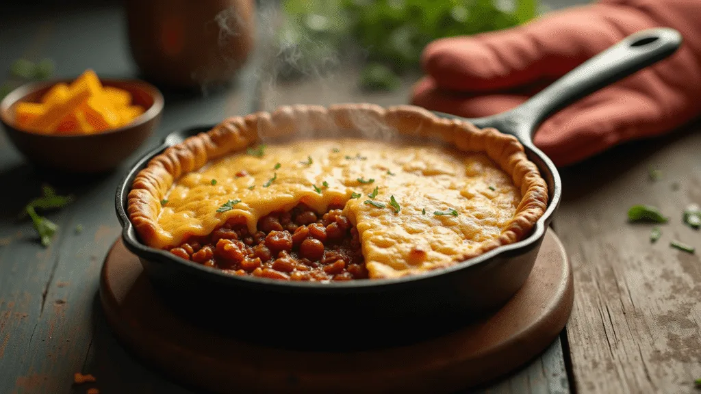 SLOPPY JOE PIE: The Ultimate Comfort Food Casserole Photorealistic overhead shot of a golden-brown Sloppy Joe Pie in a rustic cast-iron skillet, with steam rising and a Bisquick crust revealing bubbling meat sauce and melted cheddar, set on a distressed wooden surface surrounded by fresh herbs and a vintage oven mitt.