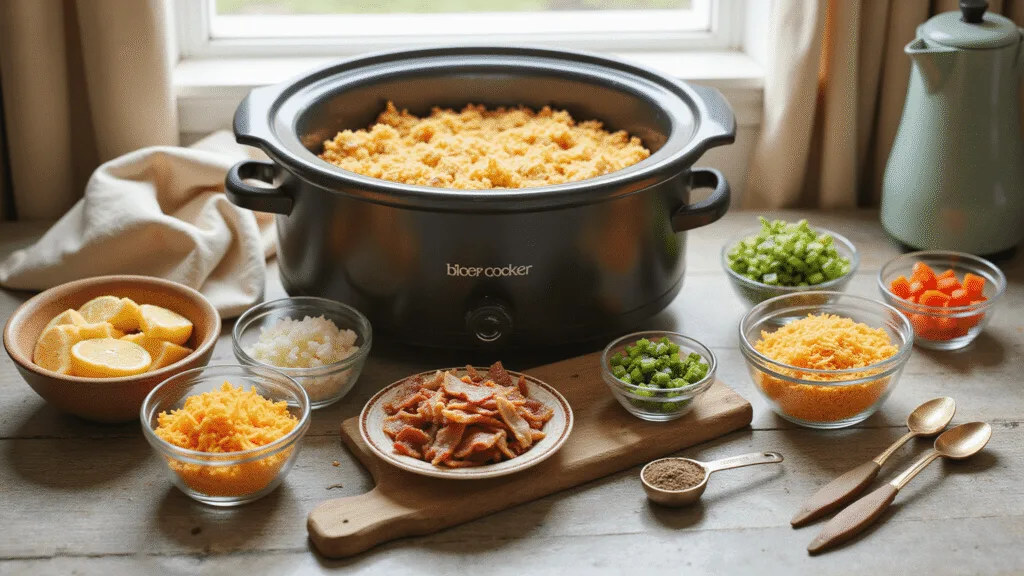 Slow Cooker Breakfast Casserole - The Easiest Way to Feed a Hungry Crowd Overhead shot of a rustic farmhouse kitchen counter with ingredients for a slow cooker breakfast casserole, including hash browns, eggs, bacon, bell peppers, cheese, and green onions, with morning sunlight illuminating the scene.