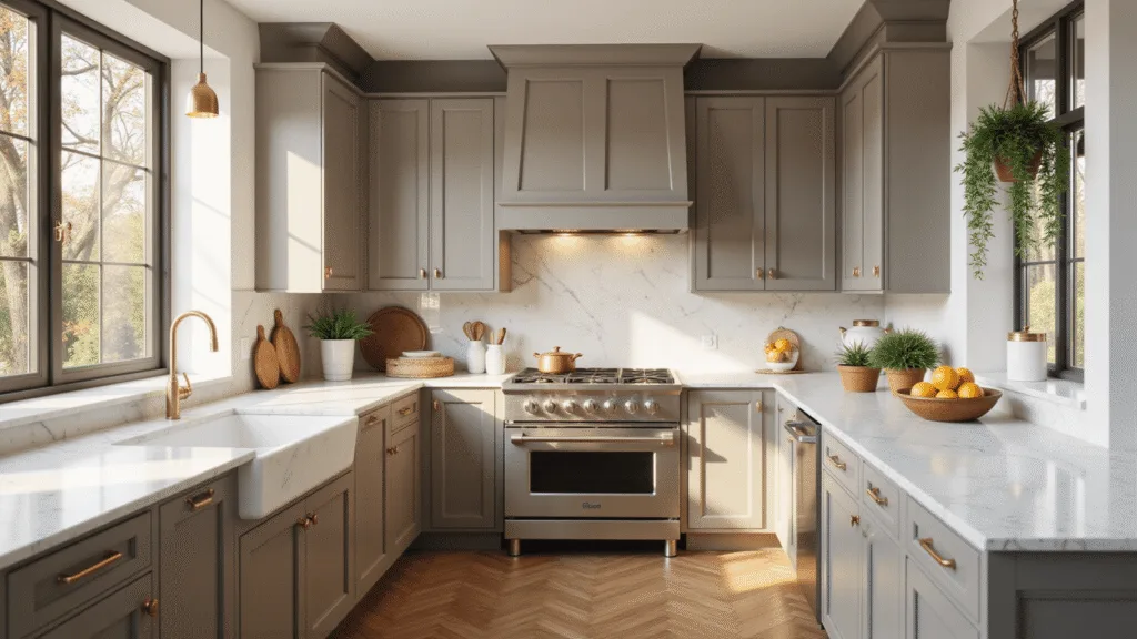 Taupe Kitchen Cabinets: The Ultimate Guide to Sophisticated Neutral Design Photorealistic image of a sunlit modern kitchen with taupe Shaker cabinets, a white Carrara marble waterfall island, and brass accents, featuring herringbone oak floors and fresh herbs in terracotta pots, captured in golden hour lighting with hyper-detailed textures.