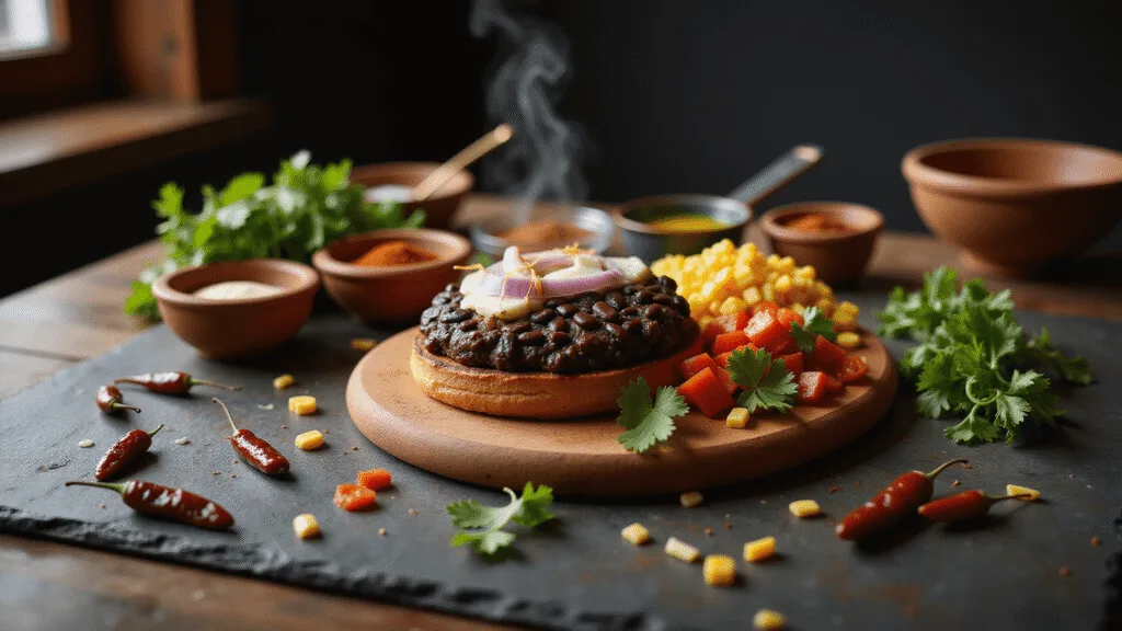 Spicy Black Bean Burgers with Southwestern Kick A rustic wooden cutting board displays a vibrant array of southwestern burger ingredients, including partially mashed black beans, diced bell peppers, corn, red onions, and chipotle peppers, surrounded by artisanal spice bowls and measuring spoons, all captured in warm golden hour light with soft shadows and a muted color palette.