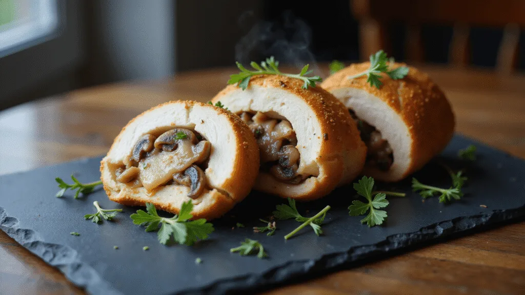 MUSHROOM AND SWISS STUFFED CHICKEN: A GOURMET WEEKNIGHT MASTERPIECE A gourmet presentation of a sliced chicken breast stuffed with melted Swiss cheese and cremini mushrooms, served on a matte black slate plate, with fresh thyme and caramelized onions, captured in high detail with dramatic lighting and steam rising.