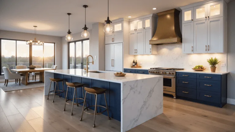 Two-Tone Kitchen Cabinets: Transforming Your Space with Color Magic A contemporary kitchen featuring navy blue lower cabinets and white upper cabinets, with a marble waterfall island and brushed brass hardware, illuminated by golden hour light through floor-to-ceiling windows.