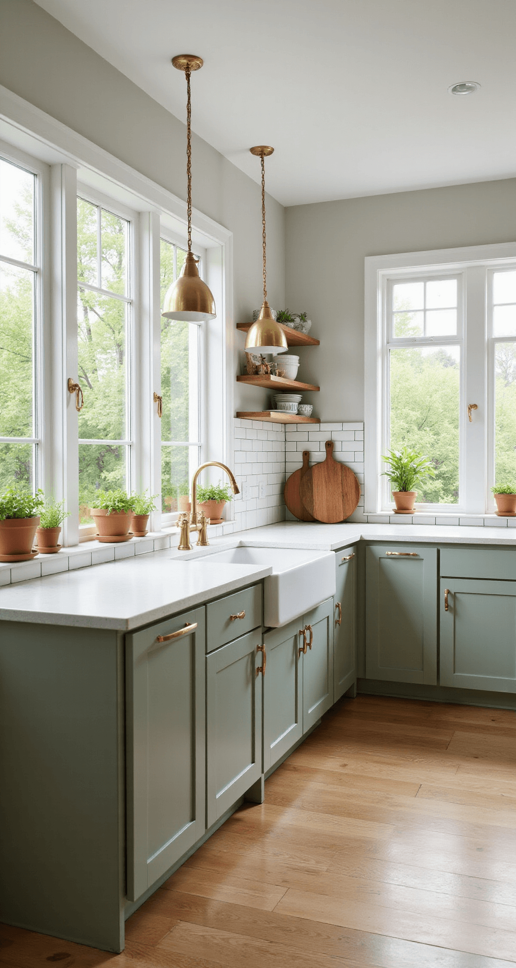 Sage Green Kitchen Cabinets: Your Ultimate Design Guide to Trendy, Tranquil Spaces A modern kitchen featuring sage green shaker cabinets, white quartz countertops, and a large island with waterfall edges, illuminated by morning light through floor-to-ceiling windows. Natural white oak floors, terracotta pots with fresh herbs on windowsills, and a collection of wooden cutting boards against a subway tile backsplash, captured at a 45-degree angle with a soft background blur.