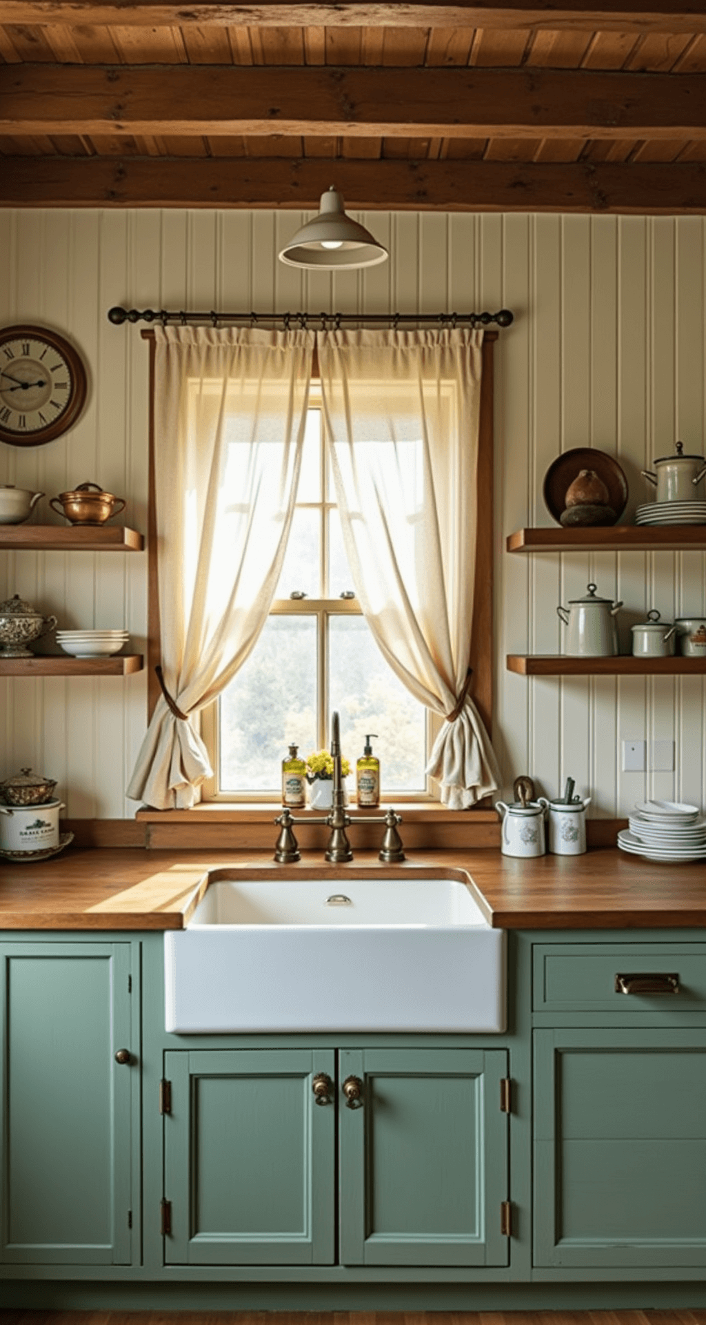 Sage Green Kitchen Cabinets: Your Ultimate Design Guide to Trendy, Tranquil Spaces Cozy 10x12ft kitchen featuring sage green beadboard cabinets, rustic ceiling beams, cream-colored walls, a farmhouse sink with sheer linen curtains, antique brass hardware, open shelving with vintage ceramics, and weathered oak butcher block counters, captured at golden hour with warm lighting and long shadows.