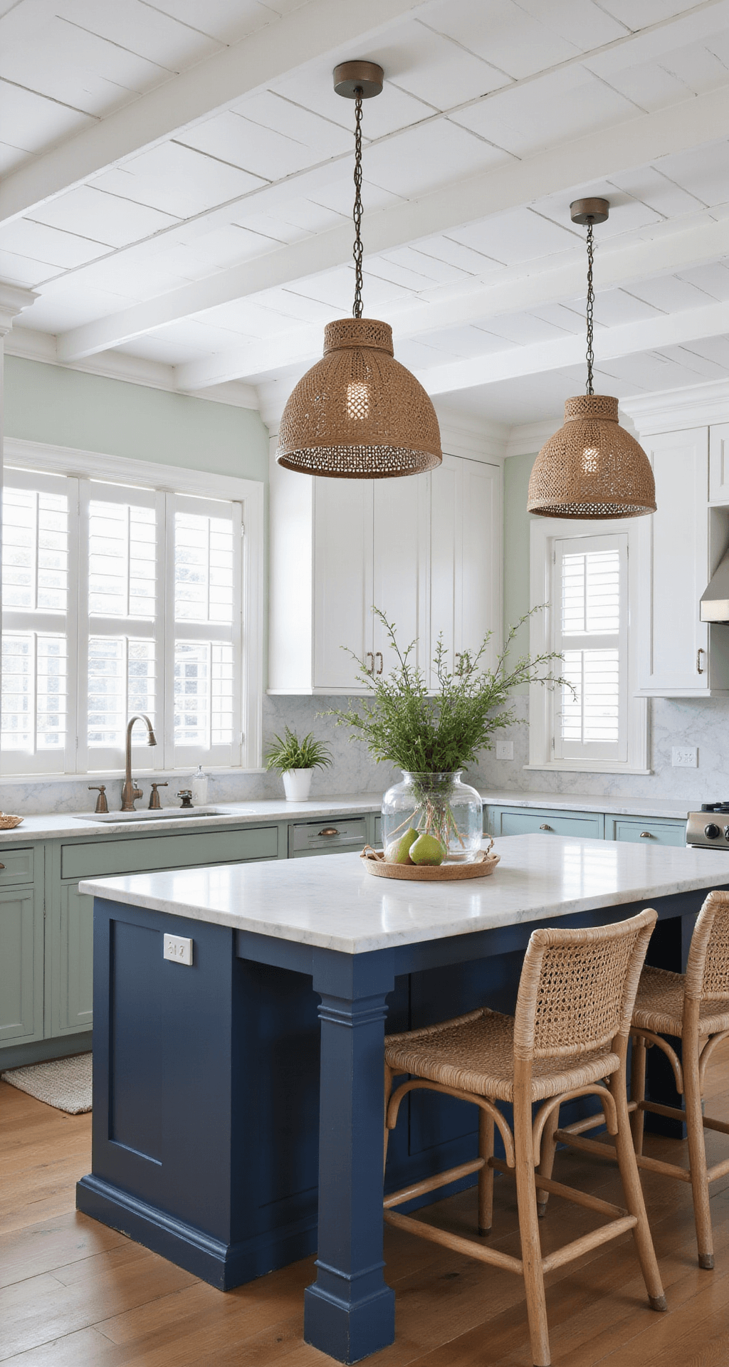Sage Green Kitchen Cabinets: Your Ultimate Design Guide to Trendy, Tranquil Spaces An airy open-concept kitchen featuring sage lower cabinets and white upper cabinets, with marble countertops and a navy island base. Rattan pendant lights and seagrass barstools enhance the coastal decor, while plantation shutters filter afternoon light. The white shiplap ceiling adds height, all captured from an elevated angle with soft, even lighting.