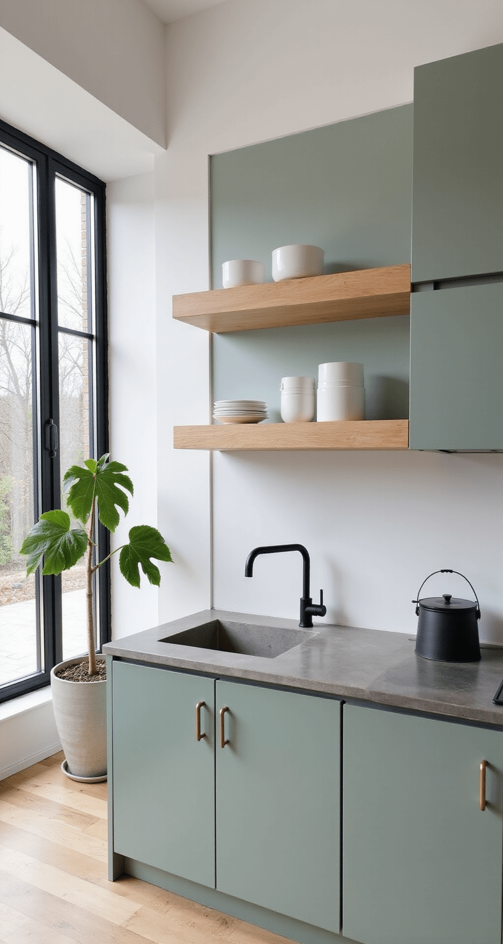Sage Green Kitchen Cabinets: Your Ultimate Design Guide to Trendy, Tranquil Spaces Minimalist Scandinavian kitchen with sage flat-panel cabinets, pale ash wood shelves, concrete countertops, black matte fixtures, and a large window wall allowing diffused northern light, featuring a potted fiddle leaf fig for a touch of nature.