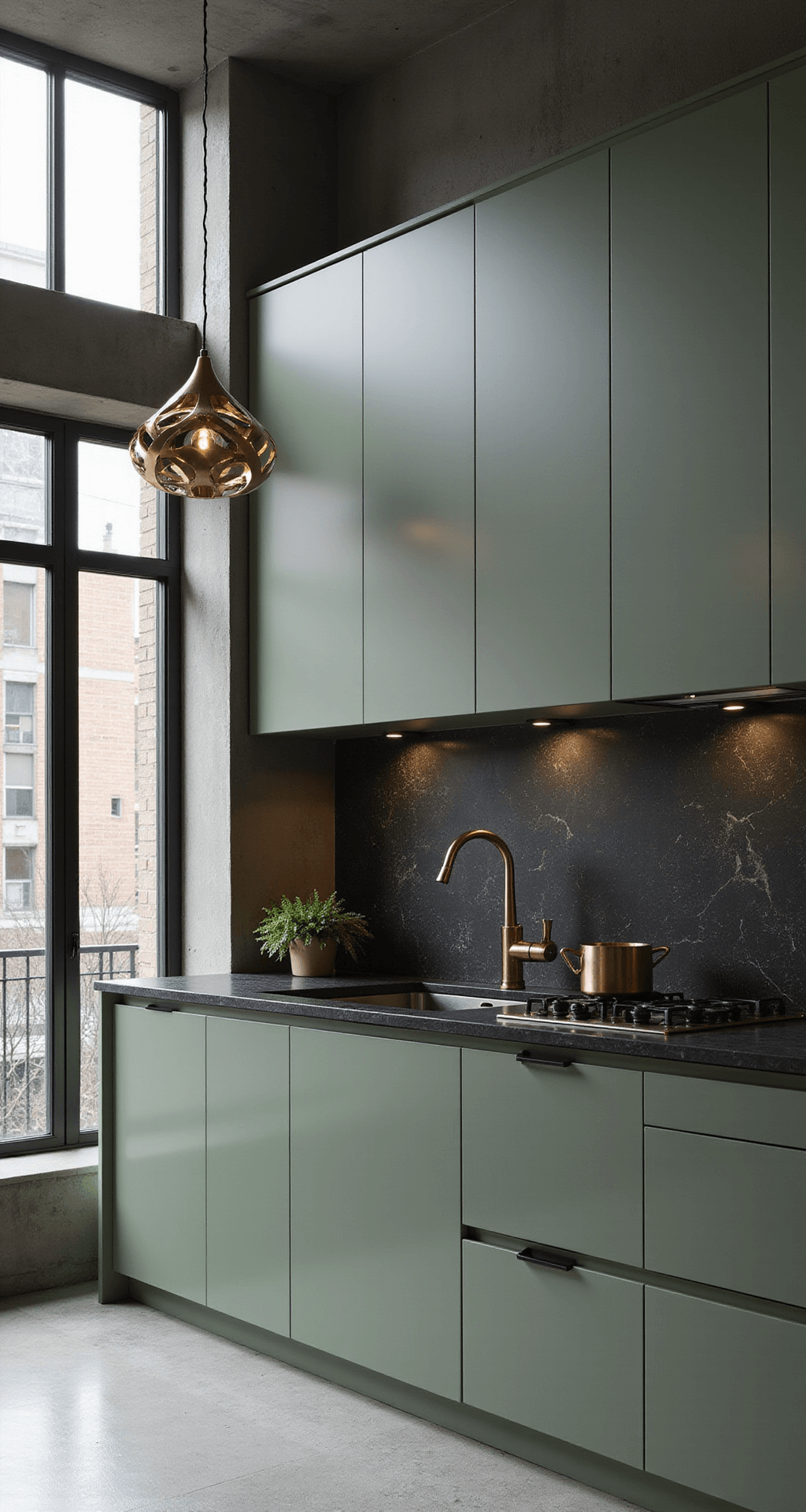 Sage Green Kitchen Cabinets: Your Ultimate Design Guide to Trendy, Tranquil Spaces A modern kitchen featuring sage green handleless cabinets reaching the ceiling, a dramatic black stone backsplash and countertops, geometric brushed gold pendant lights, integrated appliances for a sleek look, and urban views through steel-framed windows, all illuminated by dramatic side lighting that highlights the textures.
