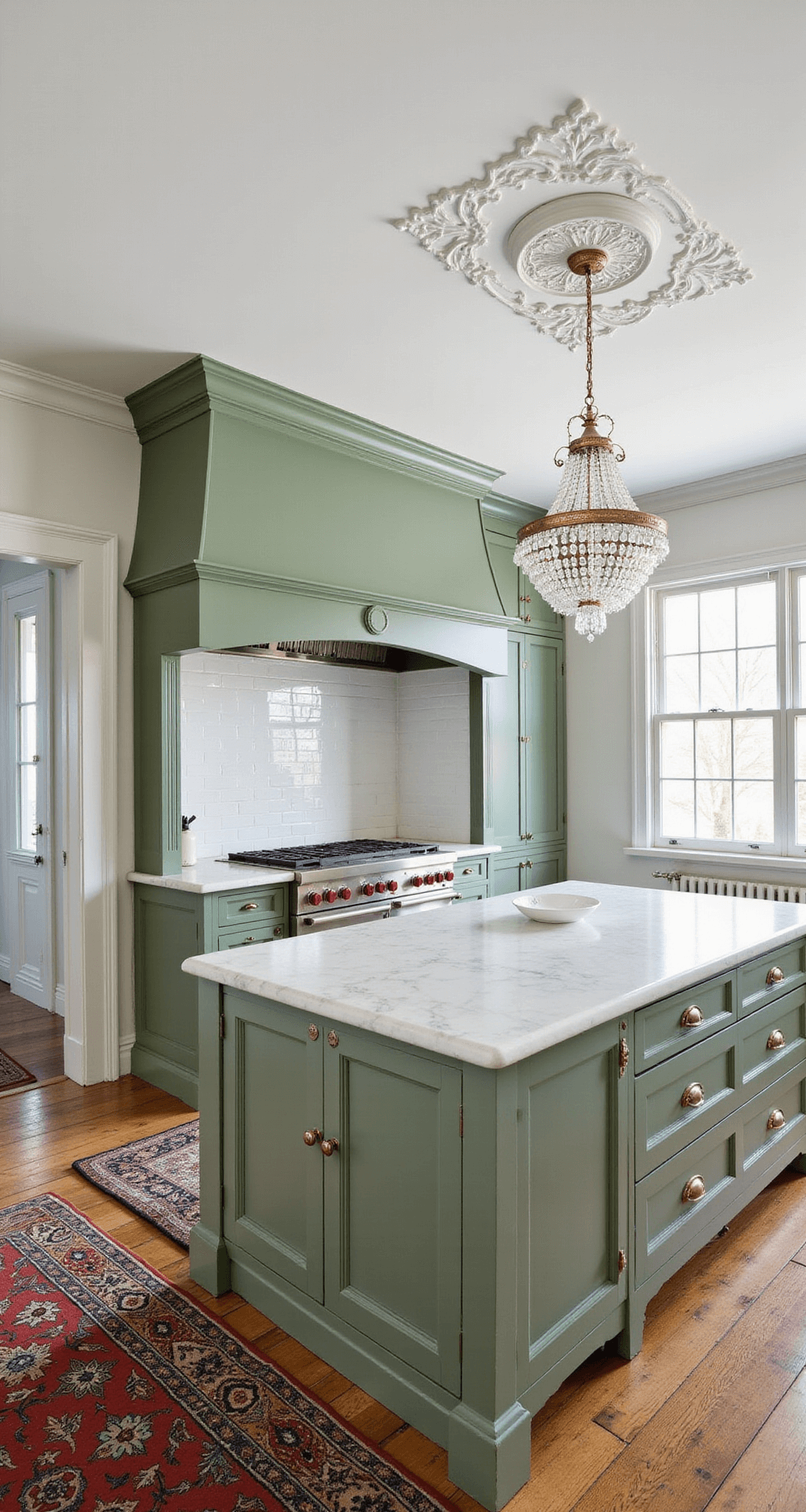Sage Green Kitchen Cabinets: Your Ultimate Design Guide to Trendy, Tranquil Spaces A stately kitchen featuring sage green inset cabinets, original Victorian elements, and elegant touches like a crystal chandelier and white marble counters, captured from the doorway to highlight architectural details.