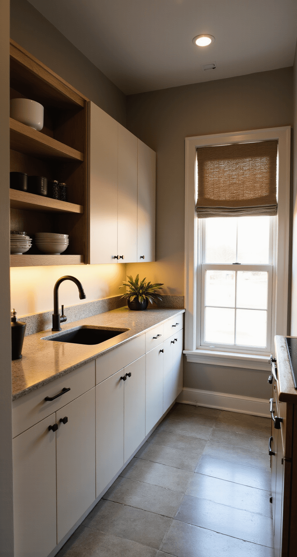 Beige Kitchen Cabinets: Your Ultimate Guide to Timeless Elegance Cozy galley kitchen photographed during golden hour, featuring beige flat-panel cabinets with minimalist matte black hardware, soft gray quartz countertops, and under-cabinet lighting casting dramatic shadows. Open shelving displays matte black and natural wood accessories, with a textured linen roman shade filtering warm light, captured from an elevated angle.