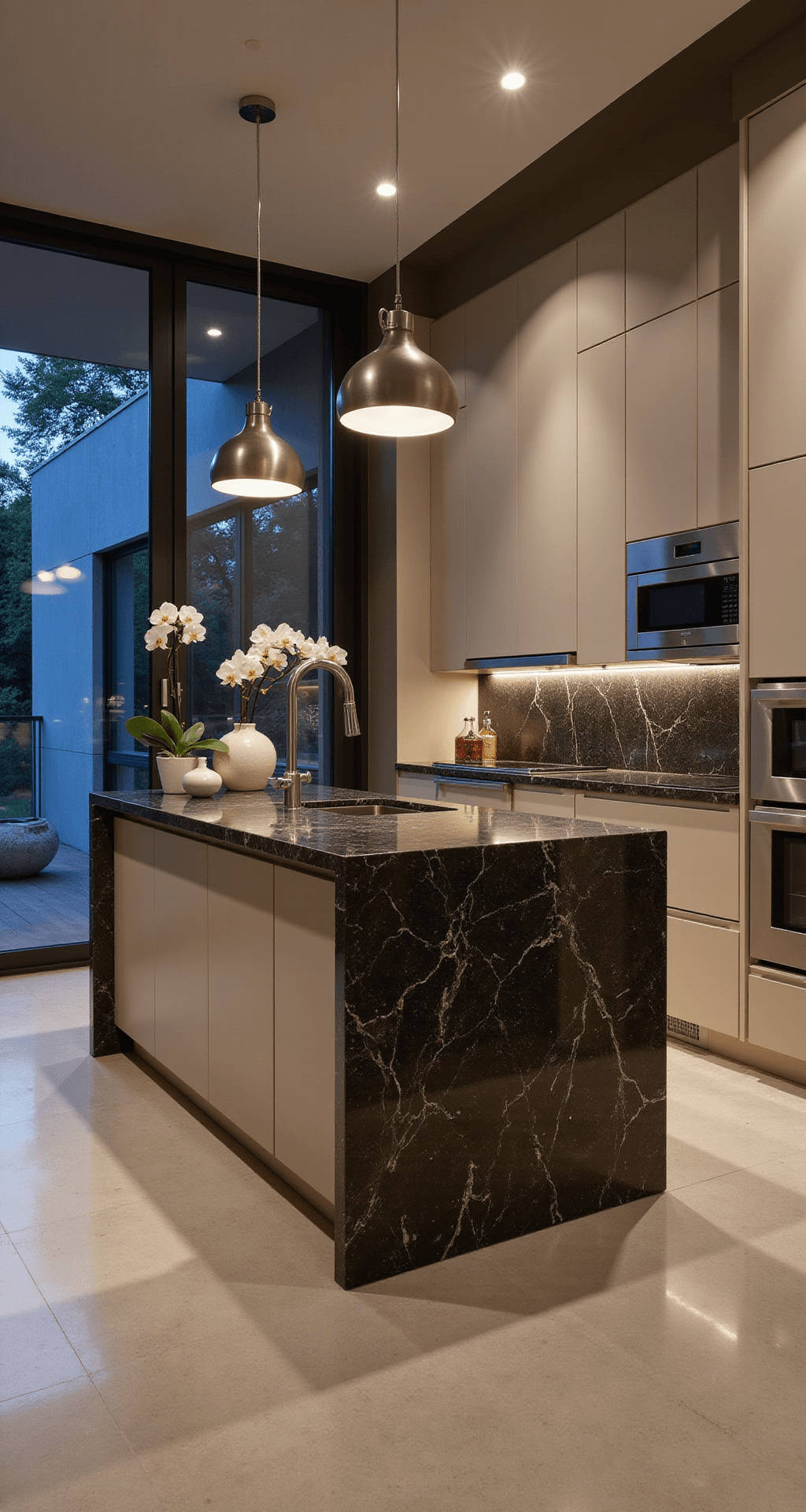 Beige Kitchen Cabinets: Your Ultimate Guide to Timeless Elegance Modern L-shaped kitchen with beige slab cabinets, dark veined marble island, and brushed chrome appliances, featuring geometric pendant lights, minimalist decor, and large sliding glass doors reflecting evening light.