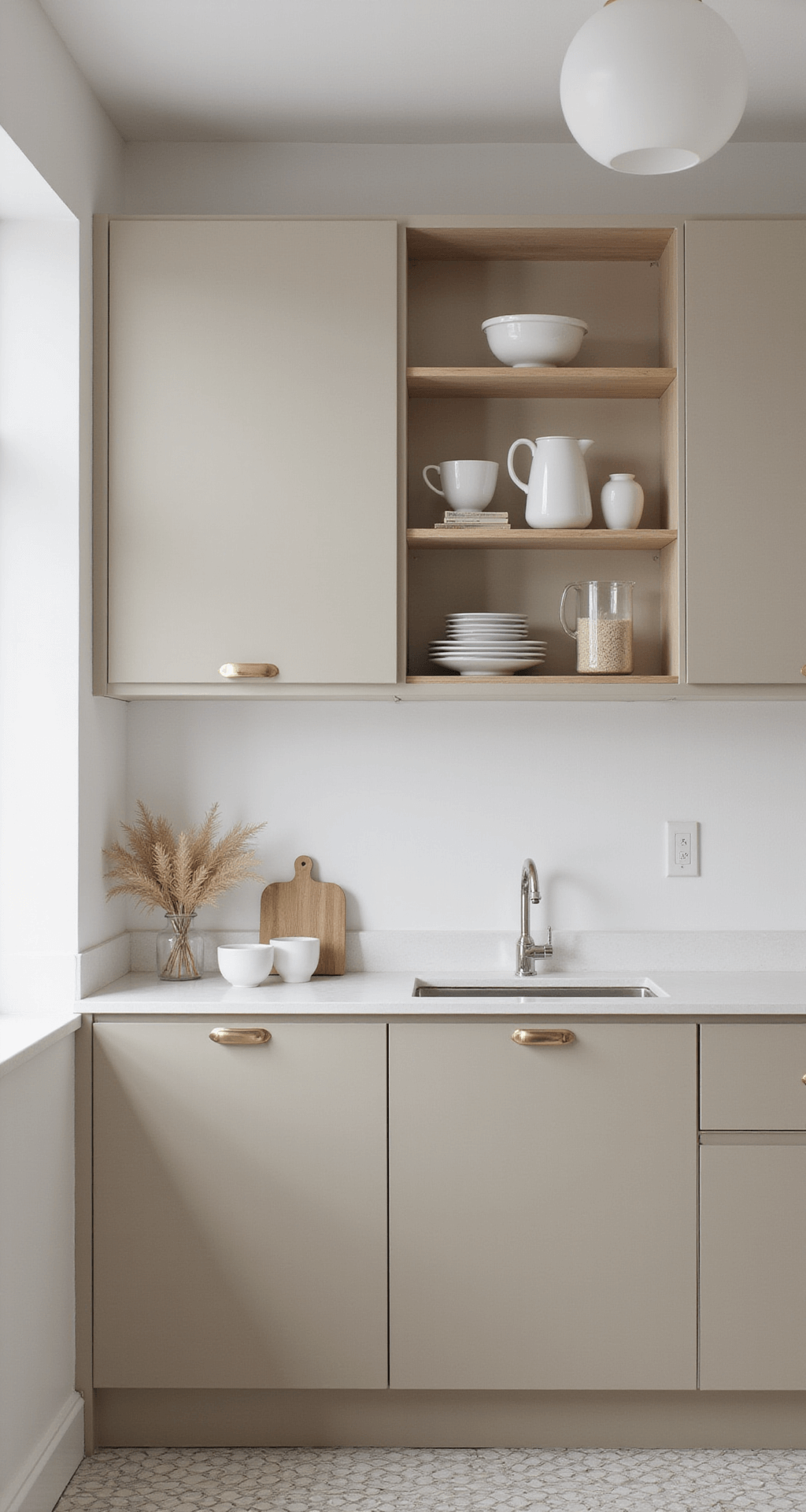Beige Kitchen Cabinets: Your Ultimate Guide to Timeless Elegance A Scandinavian-inspired kitchen featuring beige handleless cabinets, white solid surface countertops, pale wood open shelving, and minimalist frosted glass pendant lights, styled with white ceramics and dried pampas grass, set against geometric cement tile flooring, captured in natural light from a low angle.