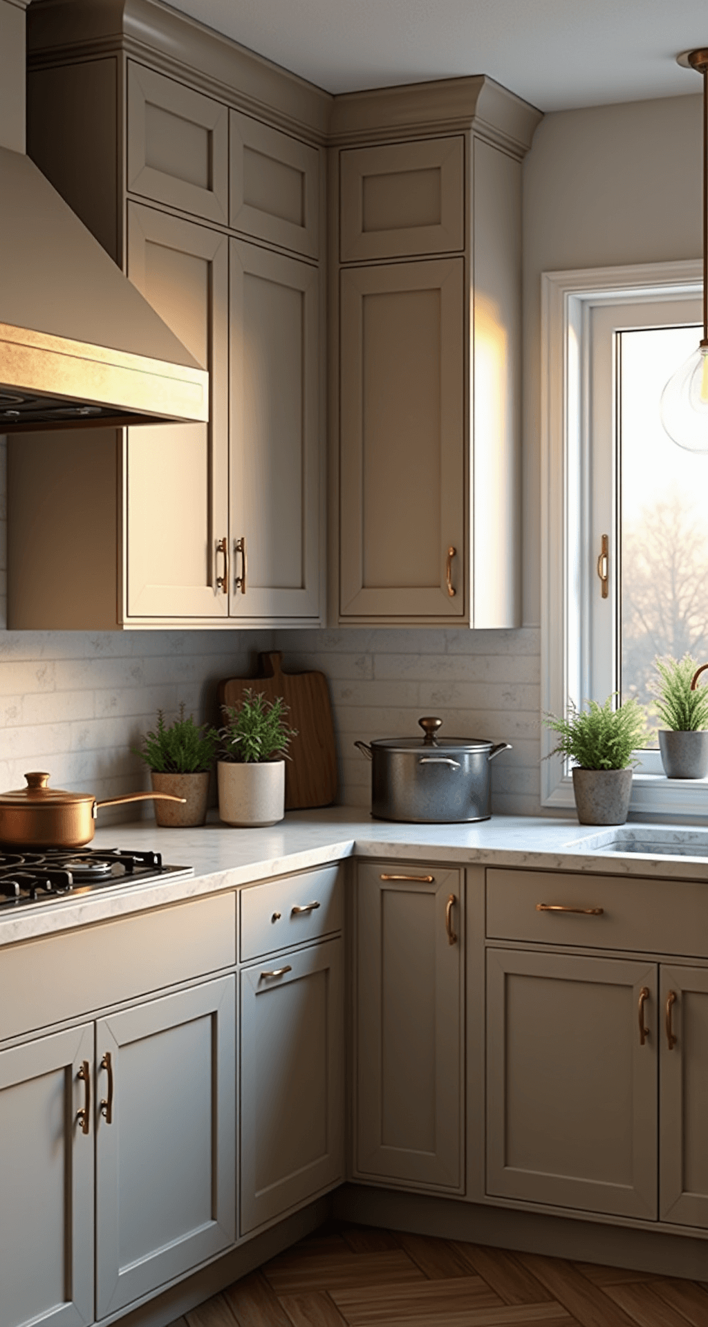 Beige Kitchen Cabinets: Your Ultimate Guide to Timeless Elegance A transitional kitchen featuring two-tone beige cabinets, quartz countertops with a waterfall edge, mixed metal accents, and styled with copper cookware and potted herbs, captured at sunset with dramatic side lighting from an elevated corner angle.