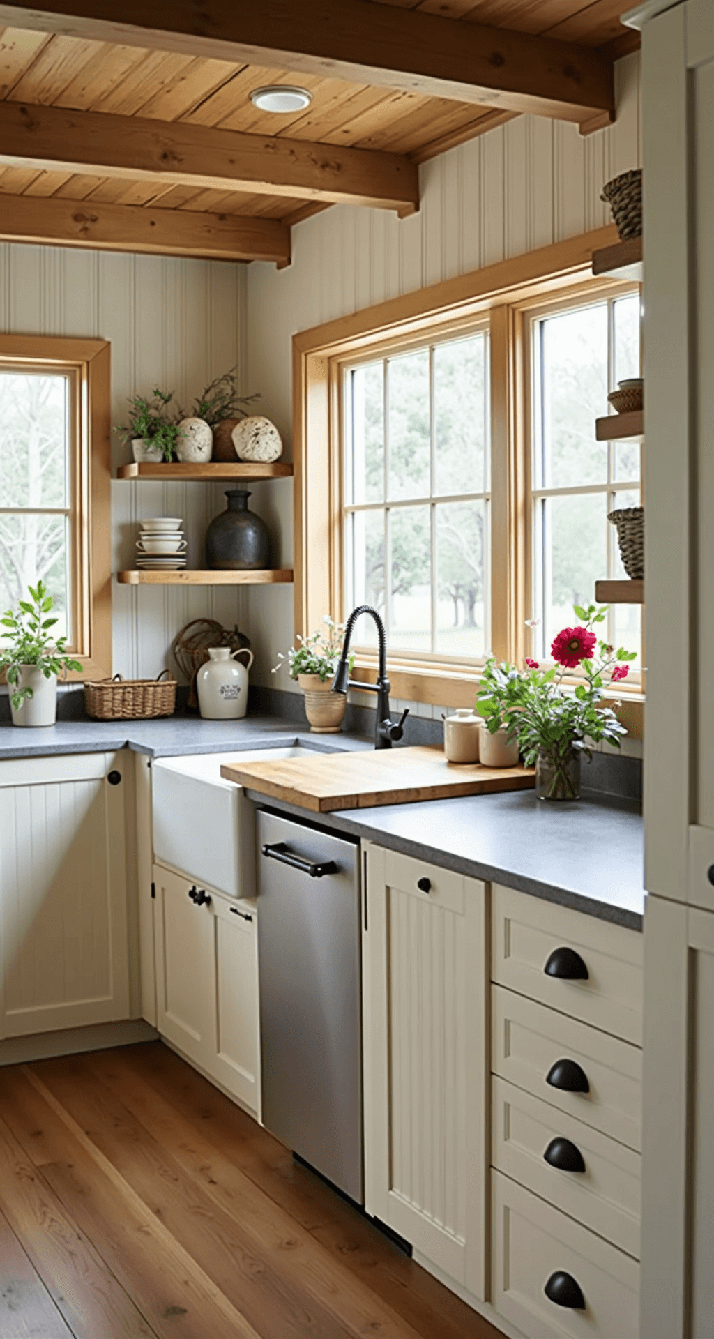 Beige Kitchen Cabinets: Your Ultimate Guide to Timeless Elegance A cozy farmhouse kitchen featuring beige beadboard cabinets, butcher block and soapstone countertops, and an apron sink with a bridge faucet, illuminated by morning light and warm practical lighting, with vintage decor and wide-plank pine flooring.