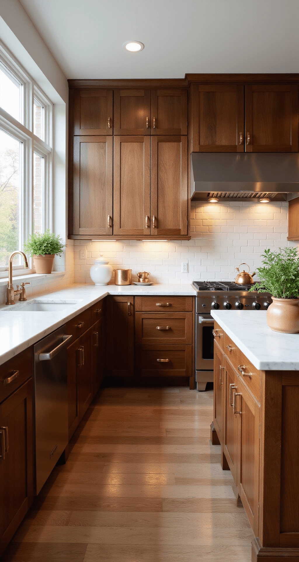 Walnut Kitchen Cabinets: The Ultimate Guide to Timeless Elegance and Practical Design Interior of a spacious transitional kitchen featuring floor-to-ceiling walnut Shaker cabinets and Carrara marble countertops, illuminated by golden hour light streaming in through west-facing windows.