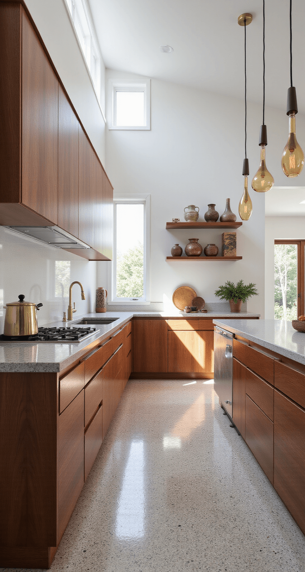 Walnut Kitchen Cabinets: The Ultimate Guide to Timeless Elegance and Practical Design Wide-angle view of a mid-century modern kitchen featuring walnut cabinets, terrazzo flooring, and a waterfall island, illuminated by morning light through clerestory windows.