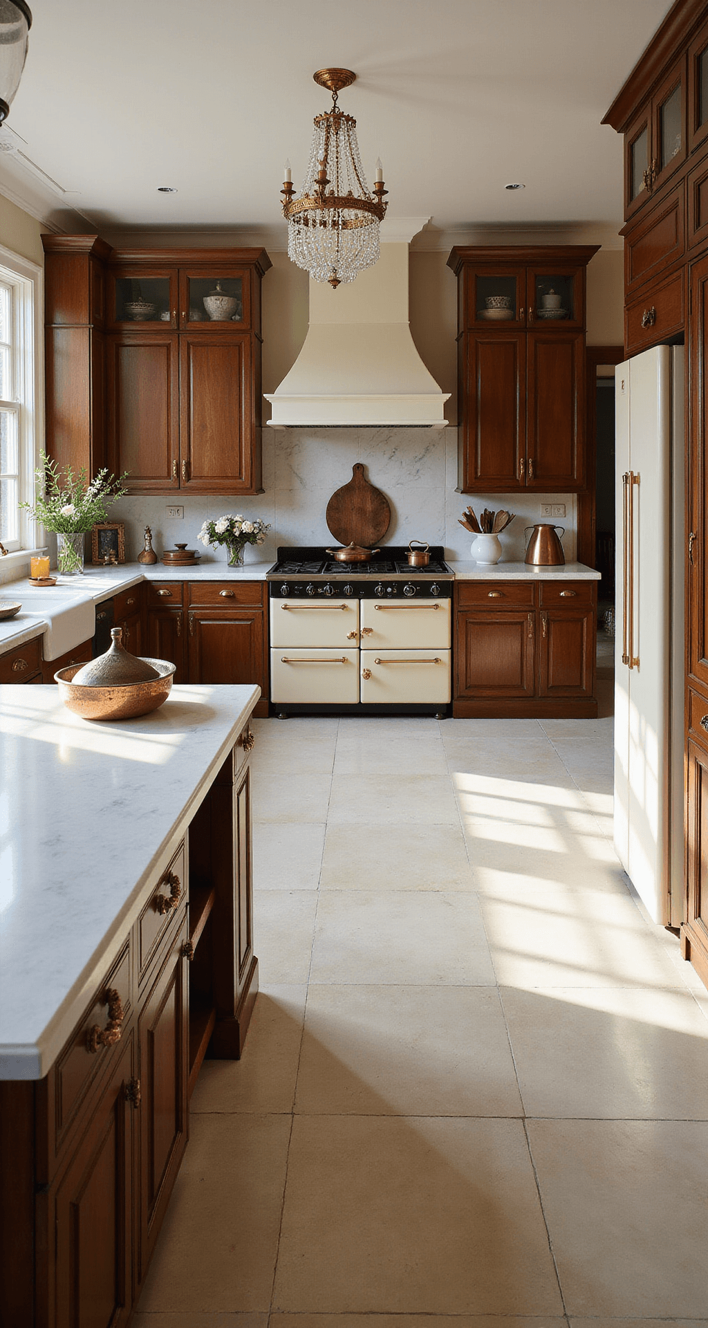 Walnut Kitchen Cabinets: The Ultimate Guide to Timeless Elegance and Practical Design Overhead view of a traditional kitchen with walnut raised-panel cabinets, cream limestone floors, and white marble counters, featuring a crystal chandelier, antique brass bin pulls, and styled with copper pots, fresh flowers, and vintage cutting boards.