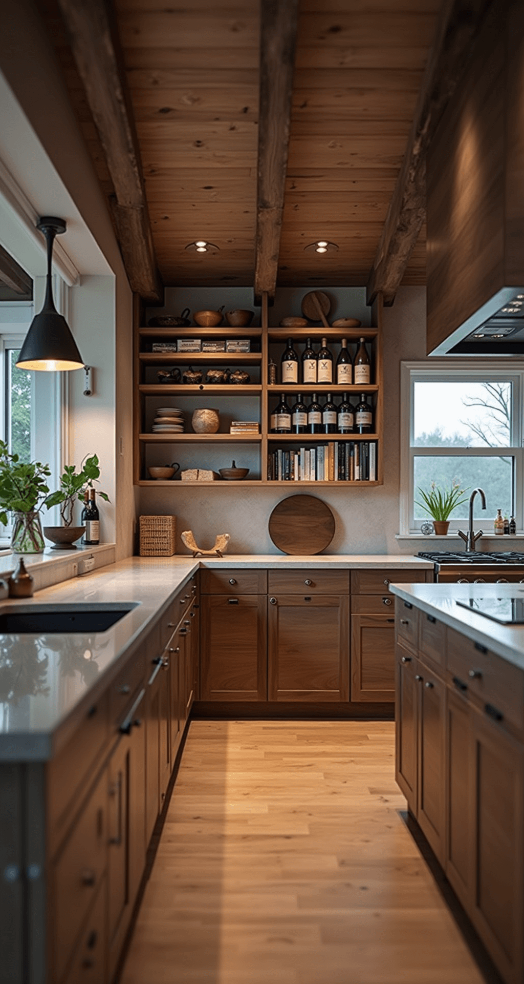 Walnut Kitchen Cabinets: The Ultimate Guide to Timeless Elegance and Practical Design A cozy kitchen at dusk featuring walnut cabinets under pendant lights, exposed beams above, and mixed metals. The dining area overlooks the workspace, showcasing bread boards, wine bottles, and cookbooks, all set against white oak flooring in a soft-focused atmosphere.