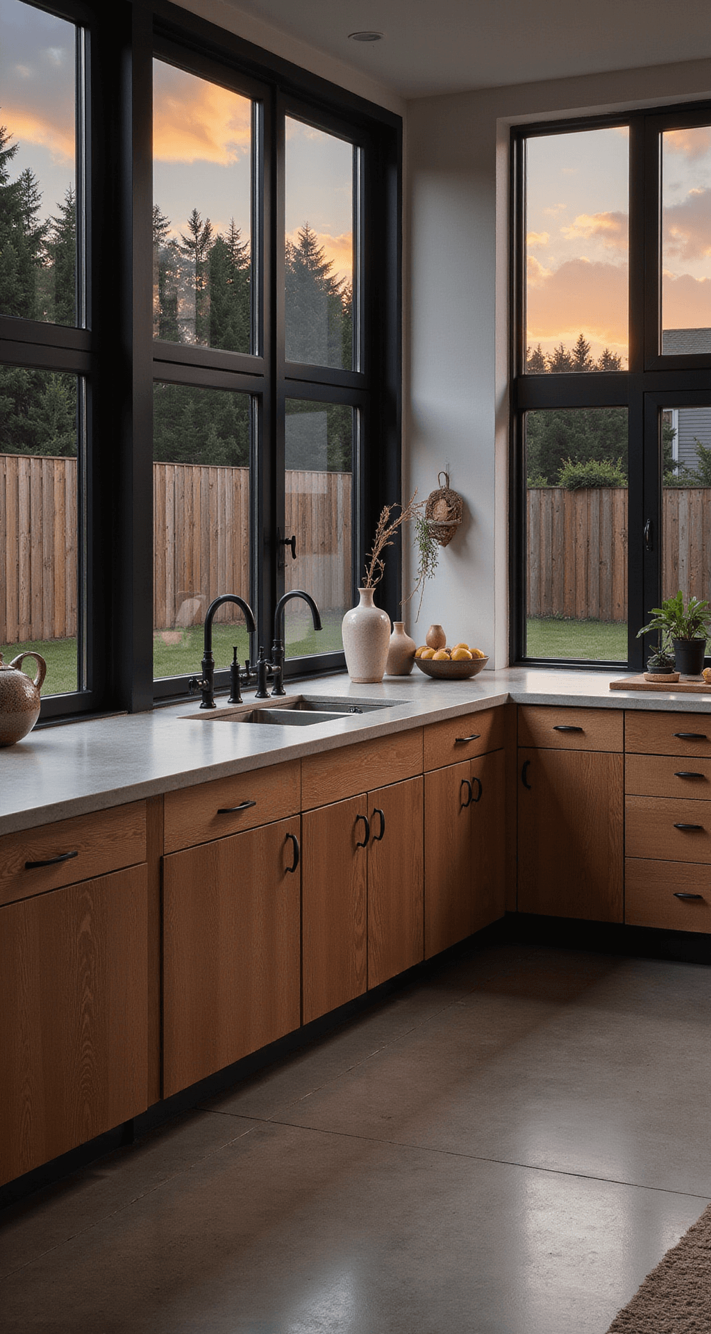 Walnut Kitchen Cabinets: The Ultimate Guide to Timeless Elegance and Practical Design Dramatic twilight image of a modern farmhouse kitchen featuring tall walnut cabinets with black steel frame doors, complemented by concrete counters and white plaster walls. Oversized black windows showcase a sunset, while indirect lighting highlights cabinet textures and a curated pottery collection with hanging dried herbs, creating an industrial yet warm atmosphere.