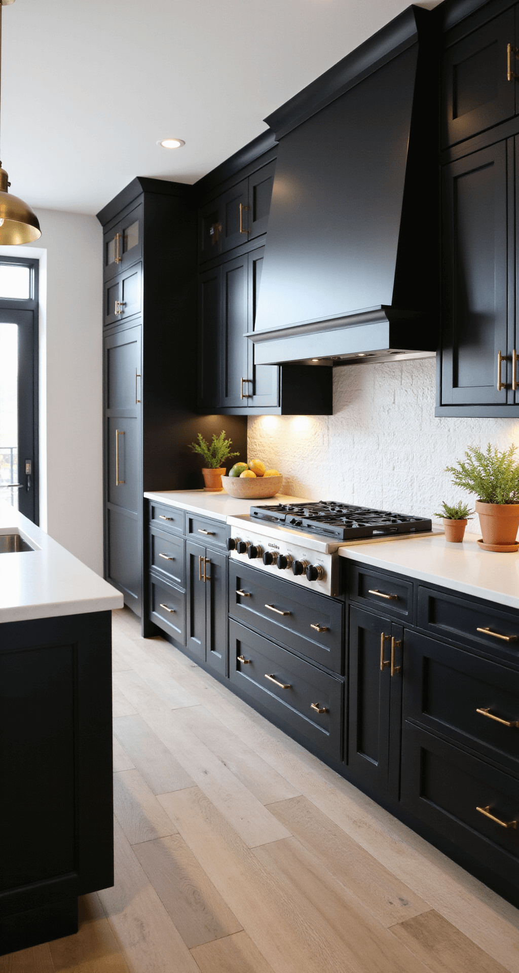 Dark Kitchen Cabinets: The Ultimate Style Guide for Dramatic and Sophisticated Spaces A spacious contemporary kitchen with matte black cabinets, white quartz countertops, and a waterfall edge island, illuminated by morning light through floor-to-ceiling windows, featuring brass pendant lights and a textured white zellige tile backsplash.