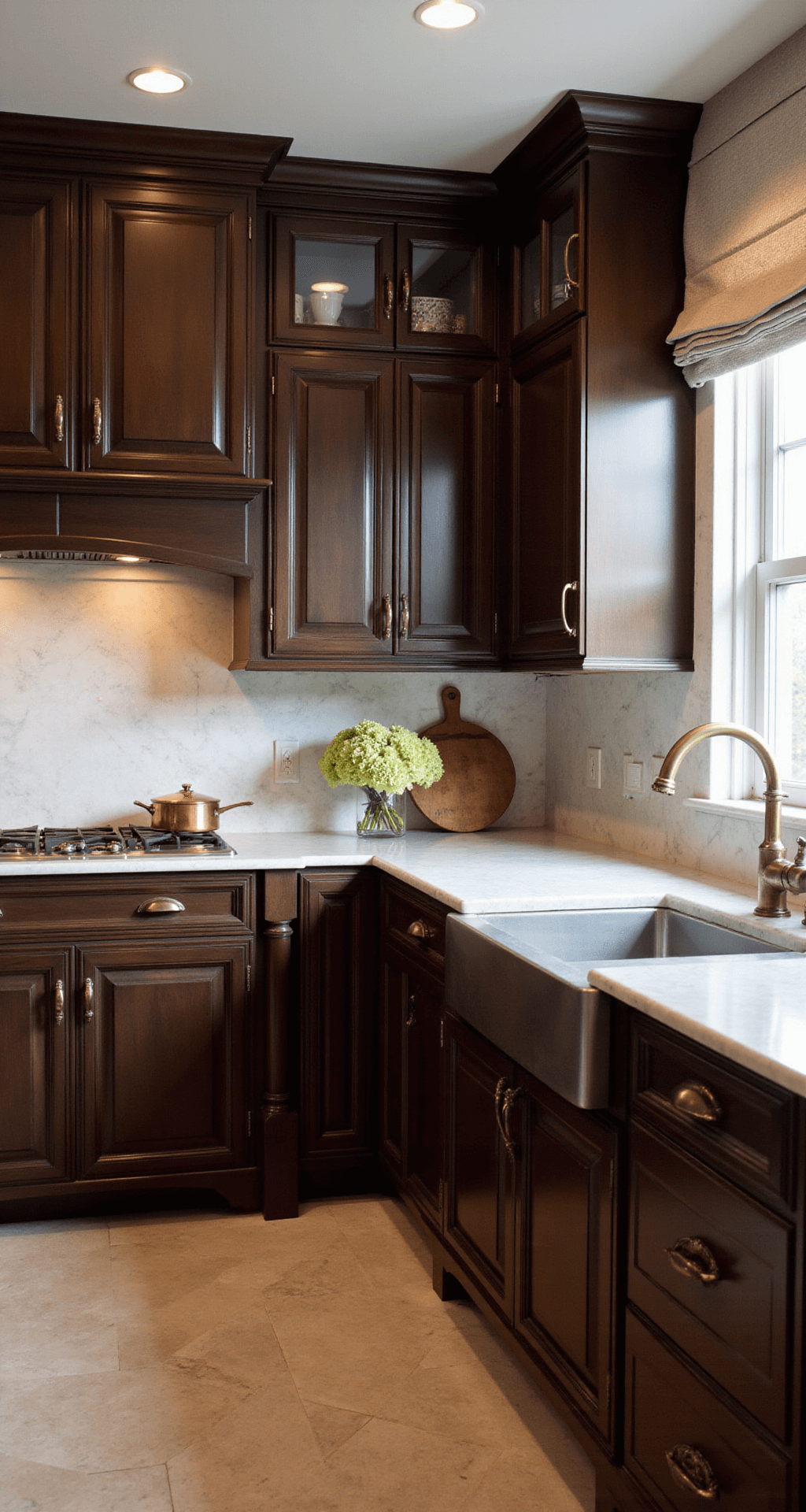 Dark Kitchen Cabinets: The Ultimate Style Guide for Dramatic and Sophisticated Spaces An elegant L-shaped kitchen illuminated by golden hour light, featuring rich espresso-stained cabinets with glass uppers, Calacatta marble countertops, and antique brass accents, styled with copper cookware and fresh hydrangeas.