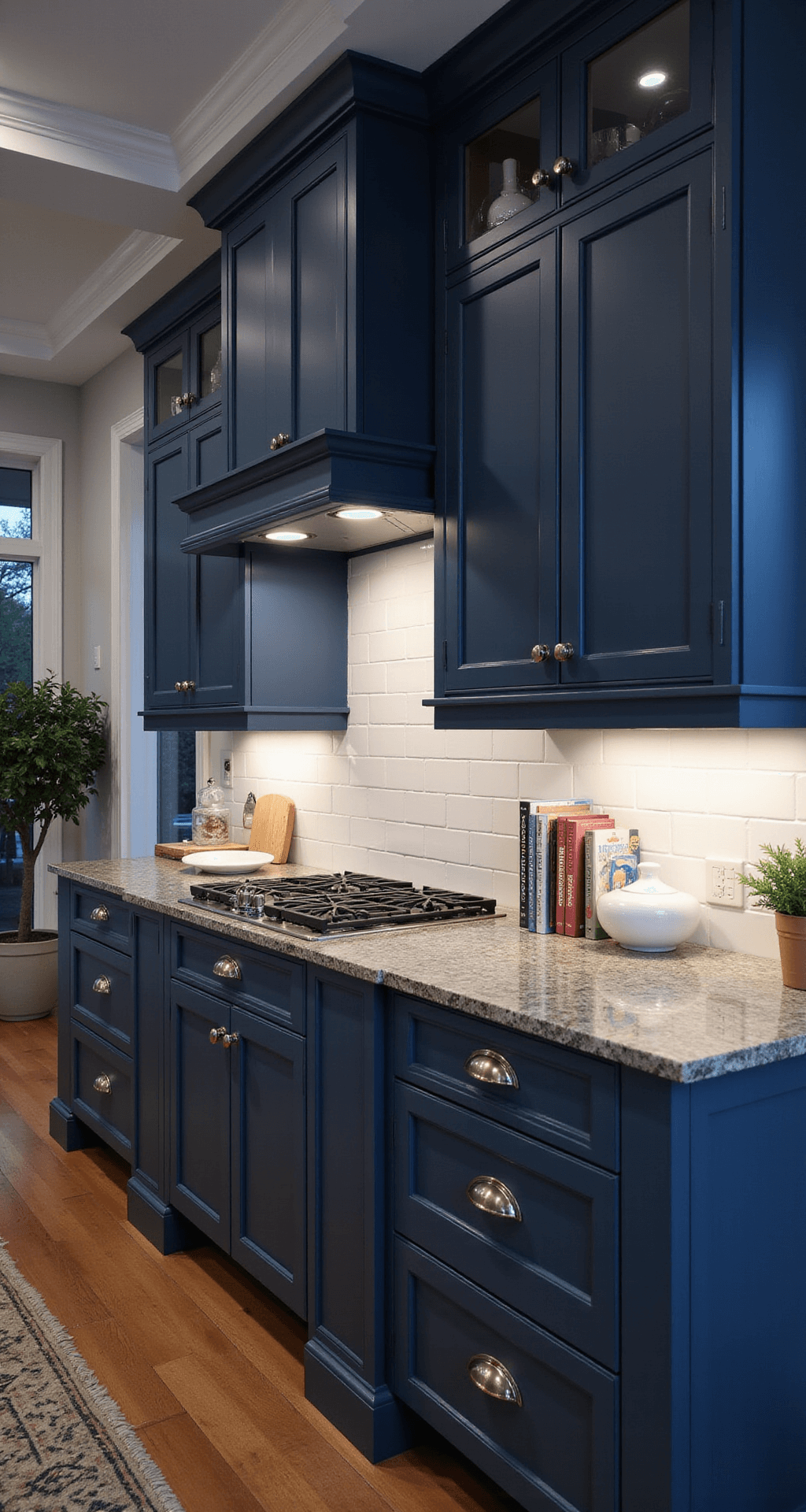 Dark Kitchen Cabinets: The Ultimate Style Guide for Dramatic and Sophisticated Spaces A moody kitchen at dusk featuring naval blue shaker cabinets with brushed nickel hardware, honed ash grey granite countertops, and a white subway tile backsplash. Industrial pendant fixtures provide soft ambient light, illuminating a potted olive tree and styled cookbooks, while dramatic side lighting enhances the cabinet profiles.