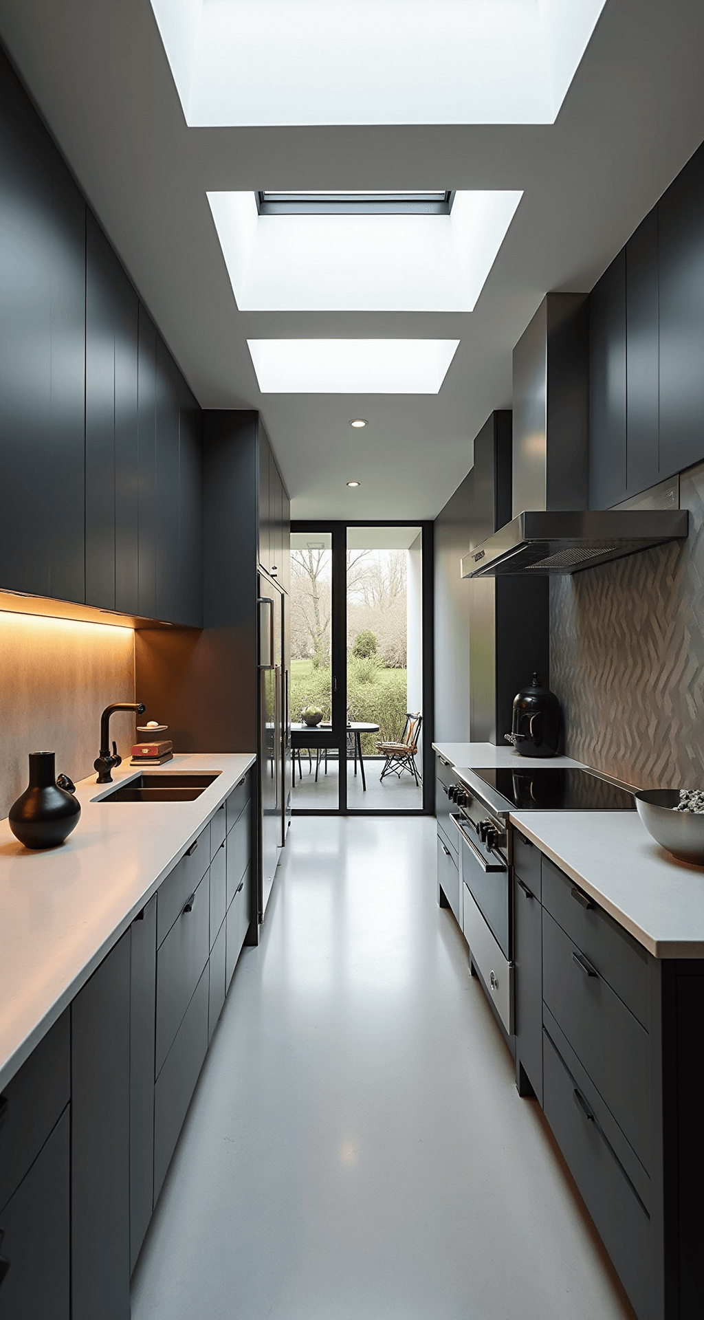 Dark Kitchen Cabinets: The Ultimate Style Guide for Dramatic and Sophisticated Spaces A modern galley kitchen featuring 8ft high charcoal grey flat-panel cabinets, stainless steel appliances, and concrete countertops, illuminated by morning light from skylights, with a geometric grey and white tile backsplash, styled with black matte ceramics, minimalist art, and a steel fruit bowl, shot from an end perspective with under-cabinet lighting enhancing depth.