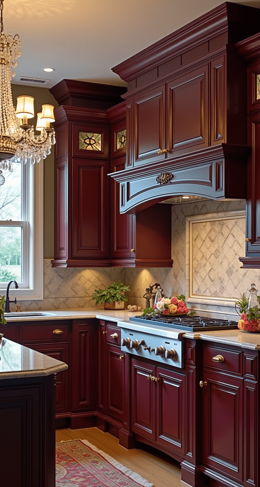Dark Kitchen Cabinets: The Ultimate Style Guide for Dramatic and Sophisticated Spaces Luxurious kitchen with deep burgundy cabinets, crystal chandelier, polished marble countertops, and antiqued mirror backsplash, styled with fresh roses and vintage silver, capturing grandeur and elegance.
