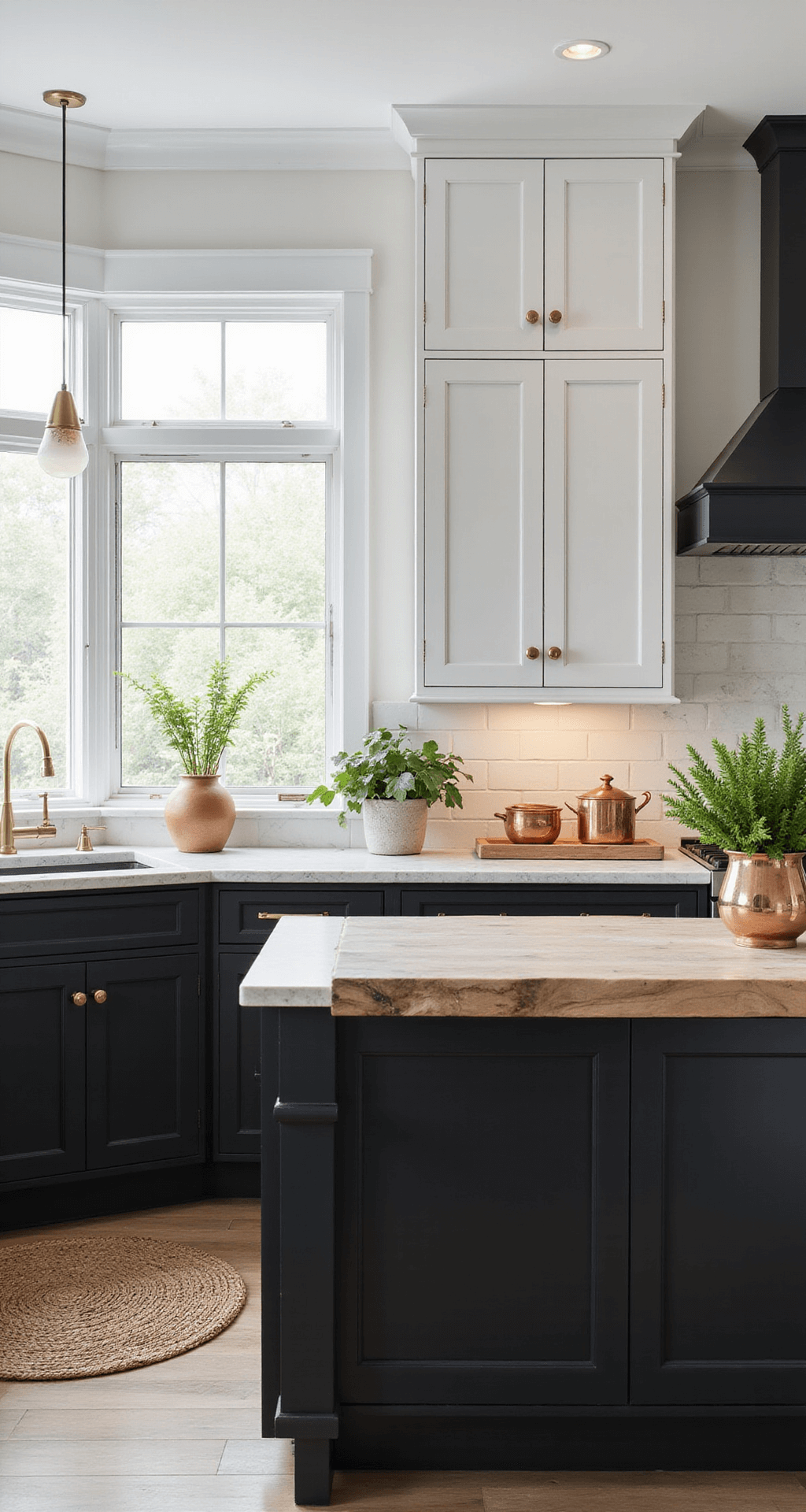 Dark Kitchen Cabinets: The Ultimate Style Guide for Dramatic and Sophisticated Spaces A transitional kitchen featuring two-tone cabinetry with lower cabinets in Tricorn Black and upper cabinets in crisp white, illuminated by natural light from bay windows, showcasing quartzite countertops with dramatic veining, a butcher block center island, and accented with brass hardware, copper pots, and fresh greenery.