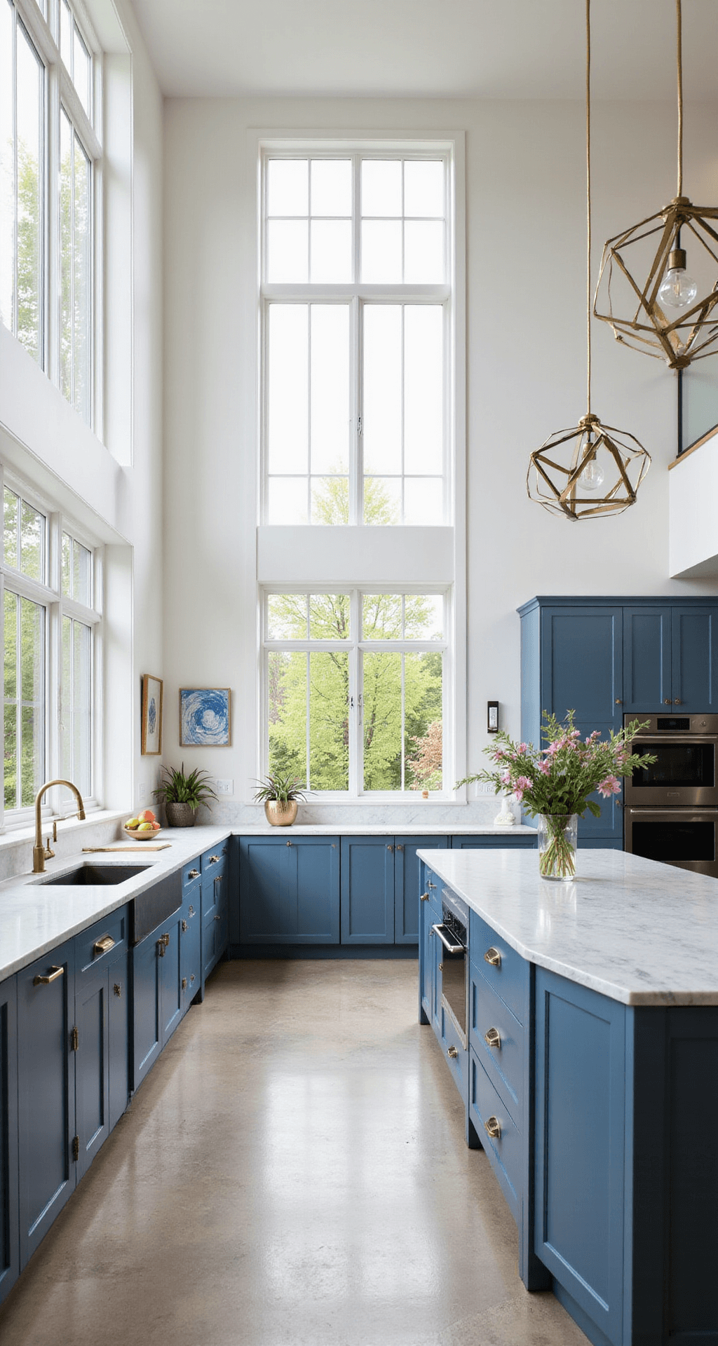 Dark Kitchen Cabinets: The Ultimate Style Guide for Dramatic and Sophisticated Spaces Contemporary open-concept kitchen featuring Stiffkey Blue cabinets, a marble waterfall island, double-height windows, geometric brass pendant lights, and modern decor, with balanced lighting to enhance color depth and vertical lines.